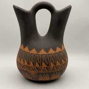 Hand Carved Blackware Pottery Wedding Vase Signed W Joe Navajo Native American